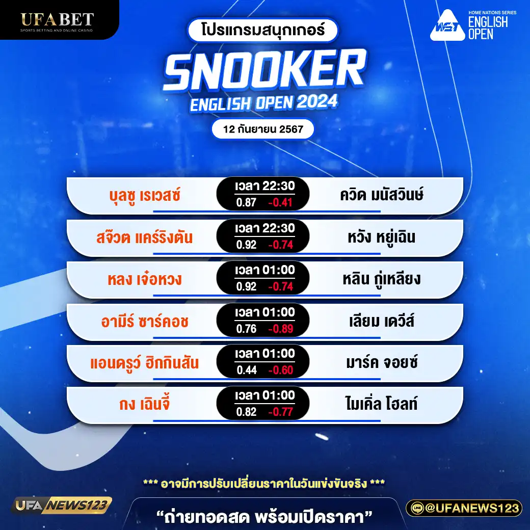 โปรแกรมสนุกเกอร์ SNOOKER ENGLISH OPEN 2024 ช่วงที่ 3 เริ่มเวลา 22:30 น. 12 กันยายน 2567