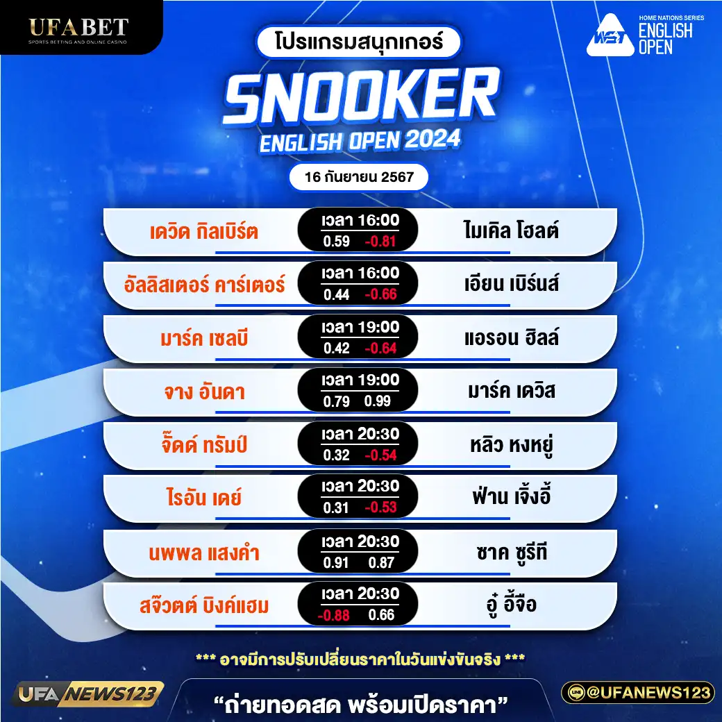 โปรแกรมสนุกเกอร์ SNOOKER ENGLISH OPEN 2024 เวลา 19.00 น. 16 กันยายน 2567