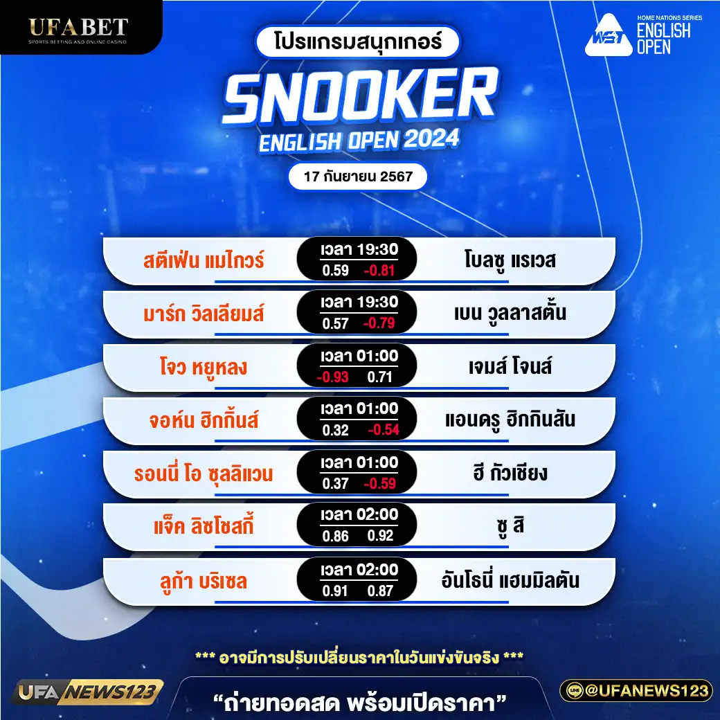 โปรแกรมสนุกเกอร์ SNOOKER ENGLISH OPEN 2024 เวลา 19.30 น. 17 กันยายน 2567