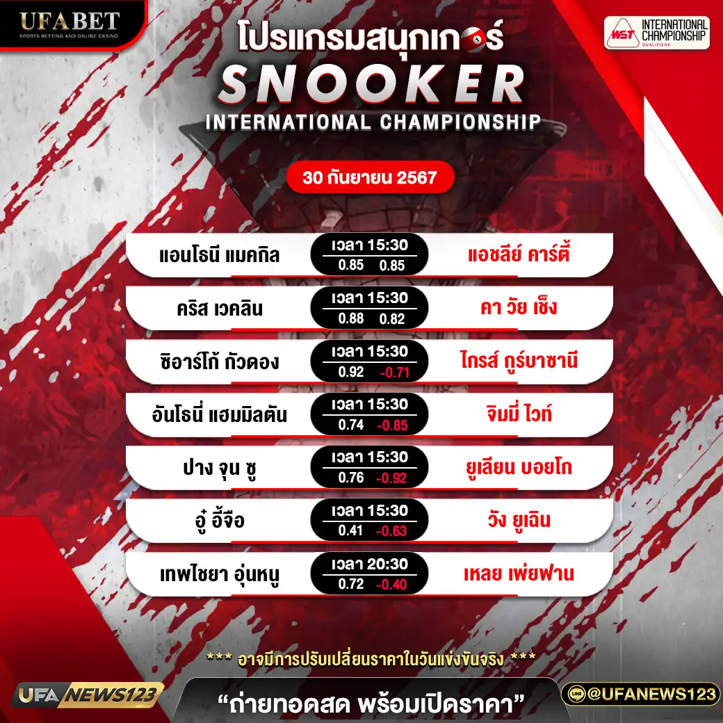 โปรแกรมสนุกเกอร์ SNOOKER INTERNATIONAL CHAMPIONSHIP เวลา 15.30 น. 30 กันยายน 2567