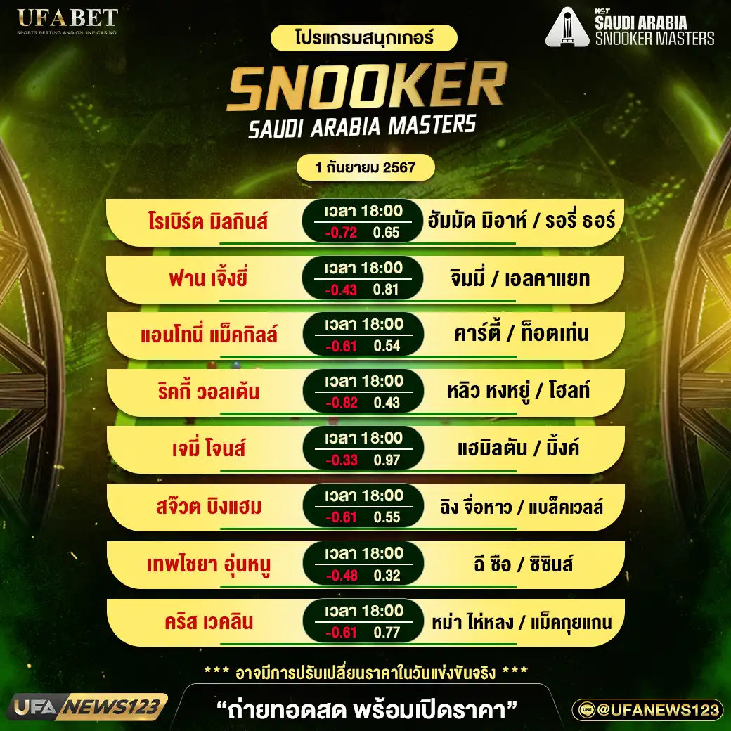 โปรแกรมสนุกเกอร์ SNOOKER SAUDI ARABIA MASTERS เริ่มเวลา 18:00 น. 01 กันยายน 2567