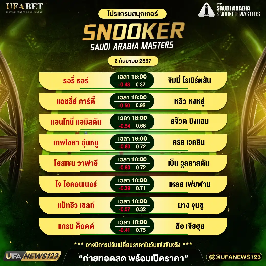 โปรแกรมสนุกเกอร์ SNOOKER SAUDI ARABIA MASTERS เริ่มเวลา 18:00 น. 02 กันยายน 2567