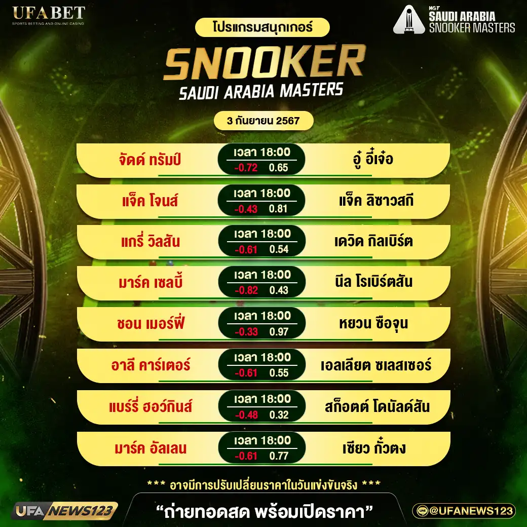 โปรแกรมสนุกเกอร์ SNOOKER SAUDI ARABIA MASTERS เริ่มเวลา 18:00 น. 04 กันยายน 2567