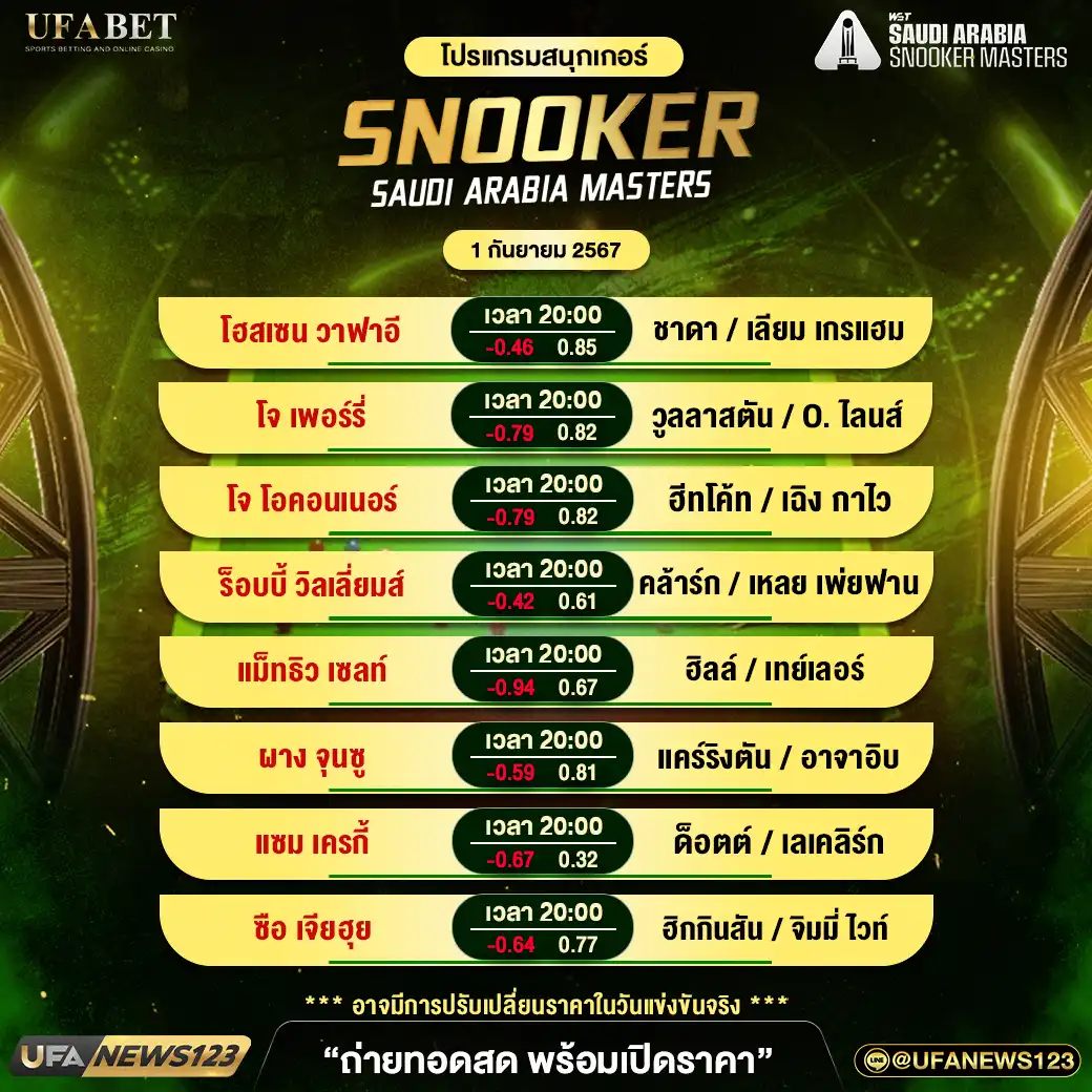 โปรแกรมสนุกเกอร์ SNOOKER SAUDI ARABIA MASTERS ช่วงที่ 2 01 กันยายน 2567