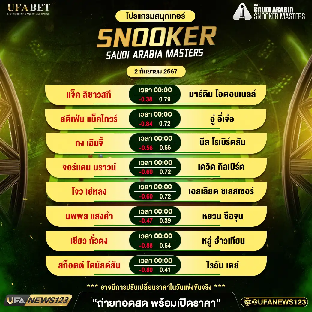 โปรแกรมสนุกเกอร์ SNOOKER SAUDI ARABIA MASTERS ช่วงที่ 2 เริ่มเวลา 00:00 น. 02 กันยายน 2567