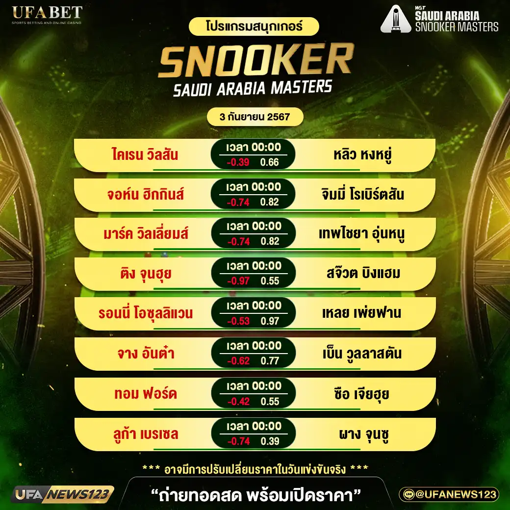 โปรแกรมสนุกเกอร์ SNOOKER SAUDI ARABIA MASTERS ช่วงที่ 2 เริ่มเวลา 00:00 น. 04 กันยายน 2567