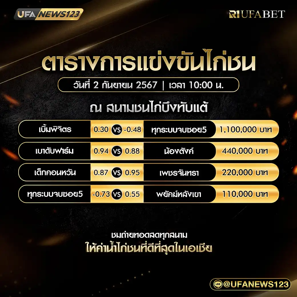 โปรแกรมไก่ชน สนามชนไก่บึงทับแต้ เริ่มเวลา 10:00 น. 02 กันยายน 2567