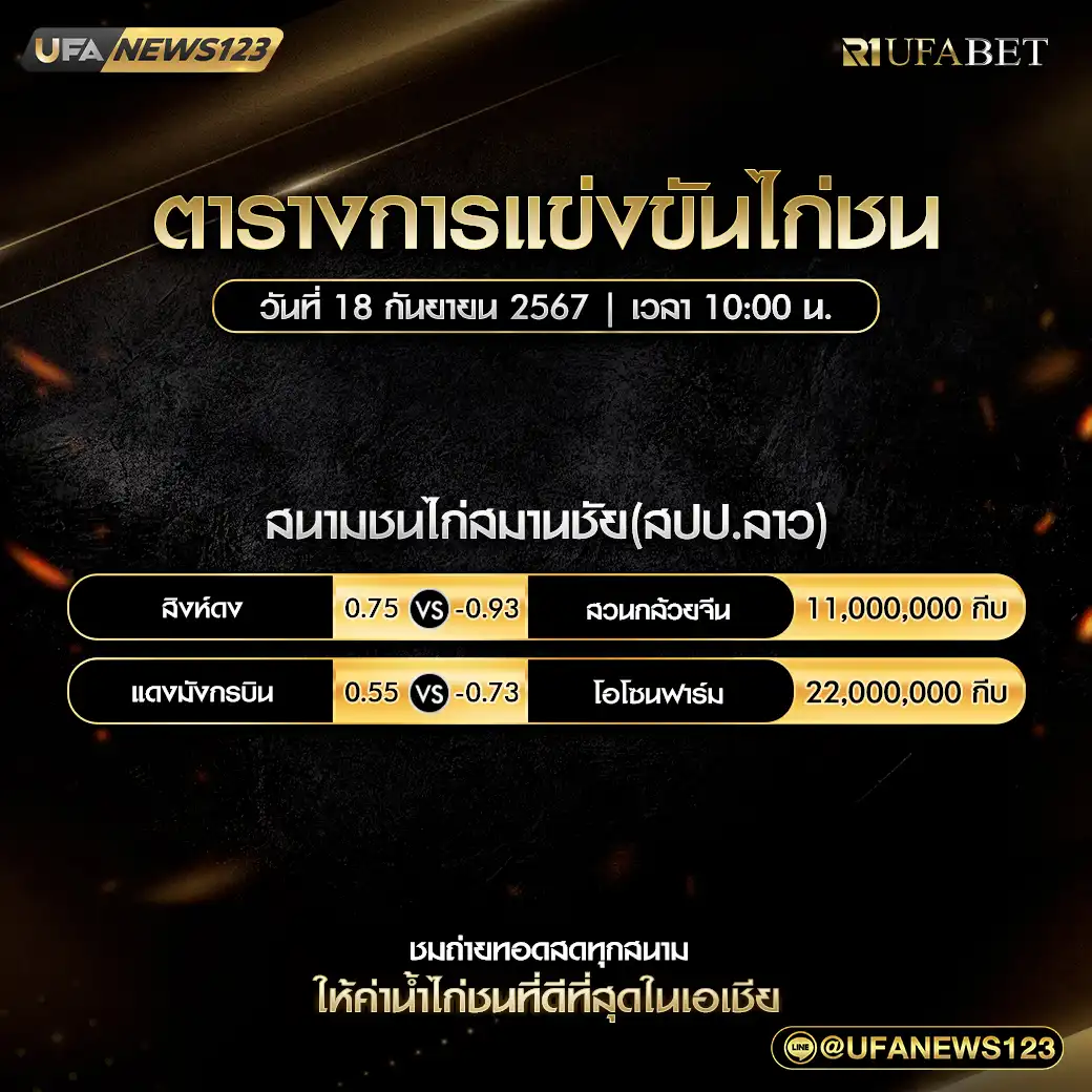 โปรแกรมไก่ชน สนามชนไก่สมานชัย (สปป.ลาว) เริ่มเวลา 10.00 น. 18 กันยายน 2567