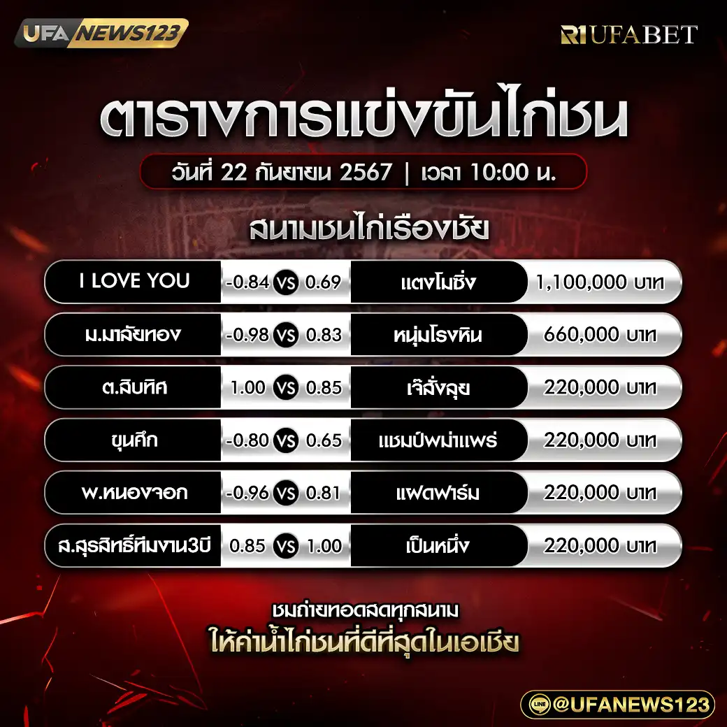 โปรแกรมไก่ชน สนามชนไก่เรืองชัย เริ่มเวลา 10.00 น. 22 กันยายน 2567