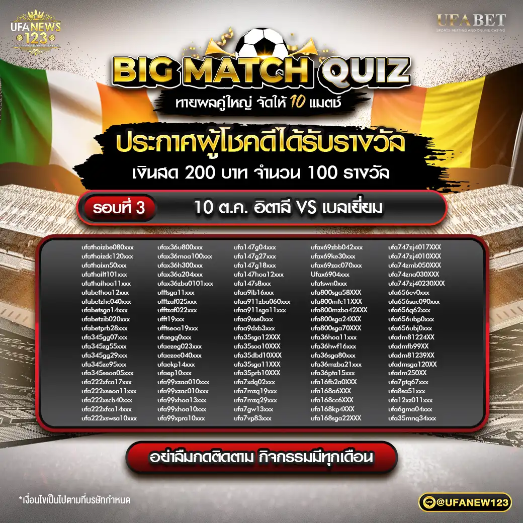 ประกาศผลกิจกรรม Big Match Quiz ทายผลคู่ใหญ่ จัดให้ 10 แมตช์ 10 ตุลาคม 2567