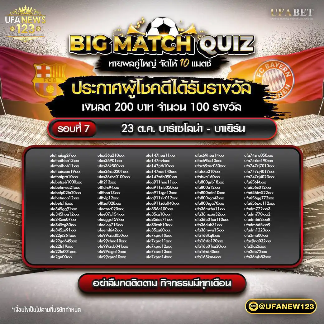 ประกาศผลกิจกรรม Big Match Quiz ทายผลคู่ใหญ่ 23 ตุลาคม 2567