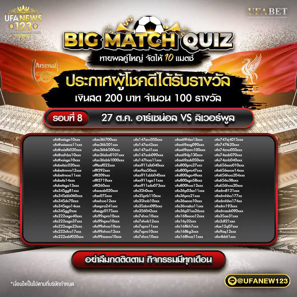 ประกาศผลกิจกรรม Big Match Quiz ทายผลคู่ใหญ่ 27 ตุลาคม 2567