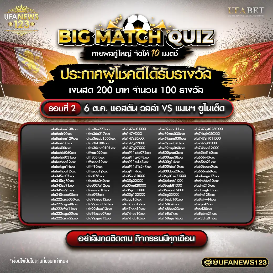 ประกาศผลกิจกรรม Big Match Quiz ทายผลคู่ใหญ่ จัดให้ 10 แมตช์ รอบที่ 2 วันที่ 06 ตุลาคม 2567