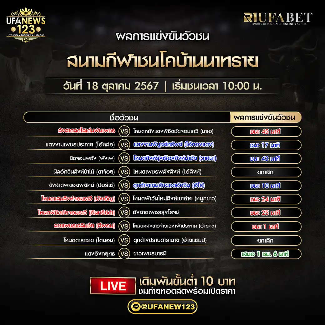 สรุปผลวัวชน สนามกีฬาชนโคบ้านนาทราย 18 ตุลาคม 2567