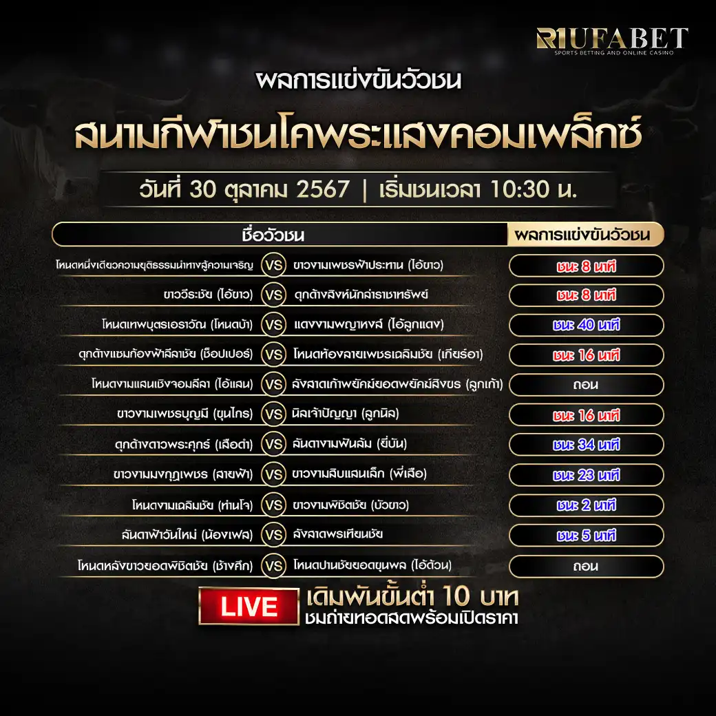 สรุปผลวัวชน สนามชนโคพระแสงคอมเพล็กซ์ 30 ตุลาคม 2567