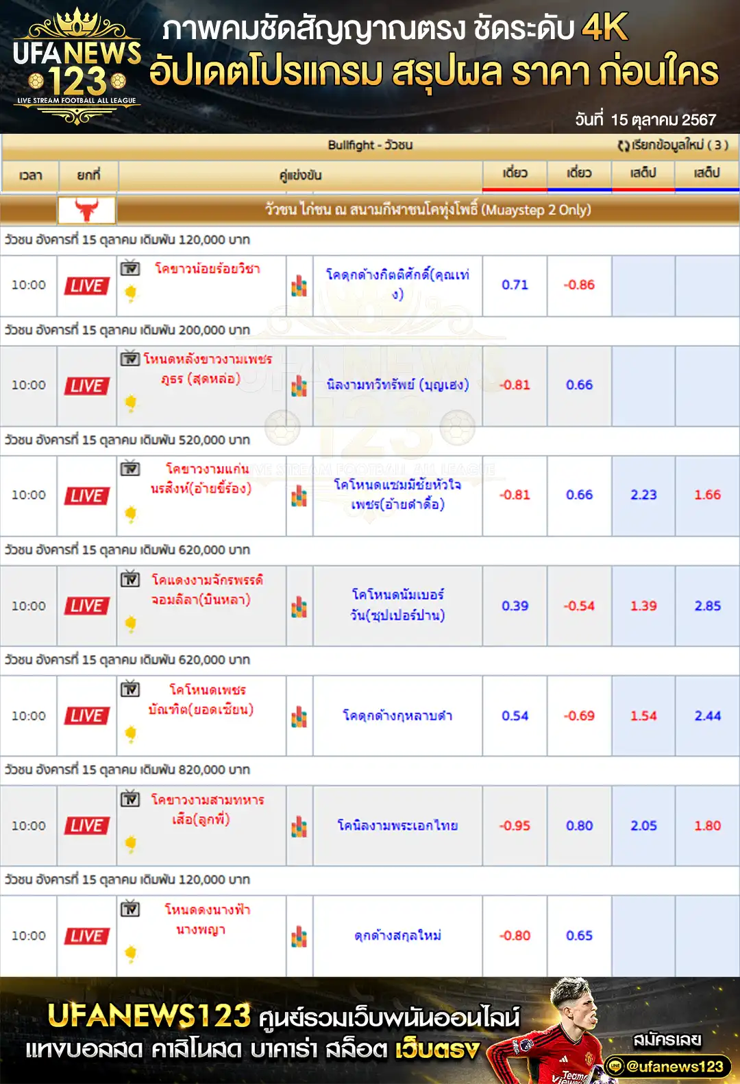 ราคาวัวชน สนามชนโคทุ่งโพธิ์สเตเดียม เริ่มเวลา 10:00 น. 15 ตุลาคม 2567