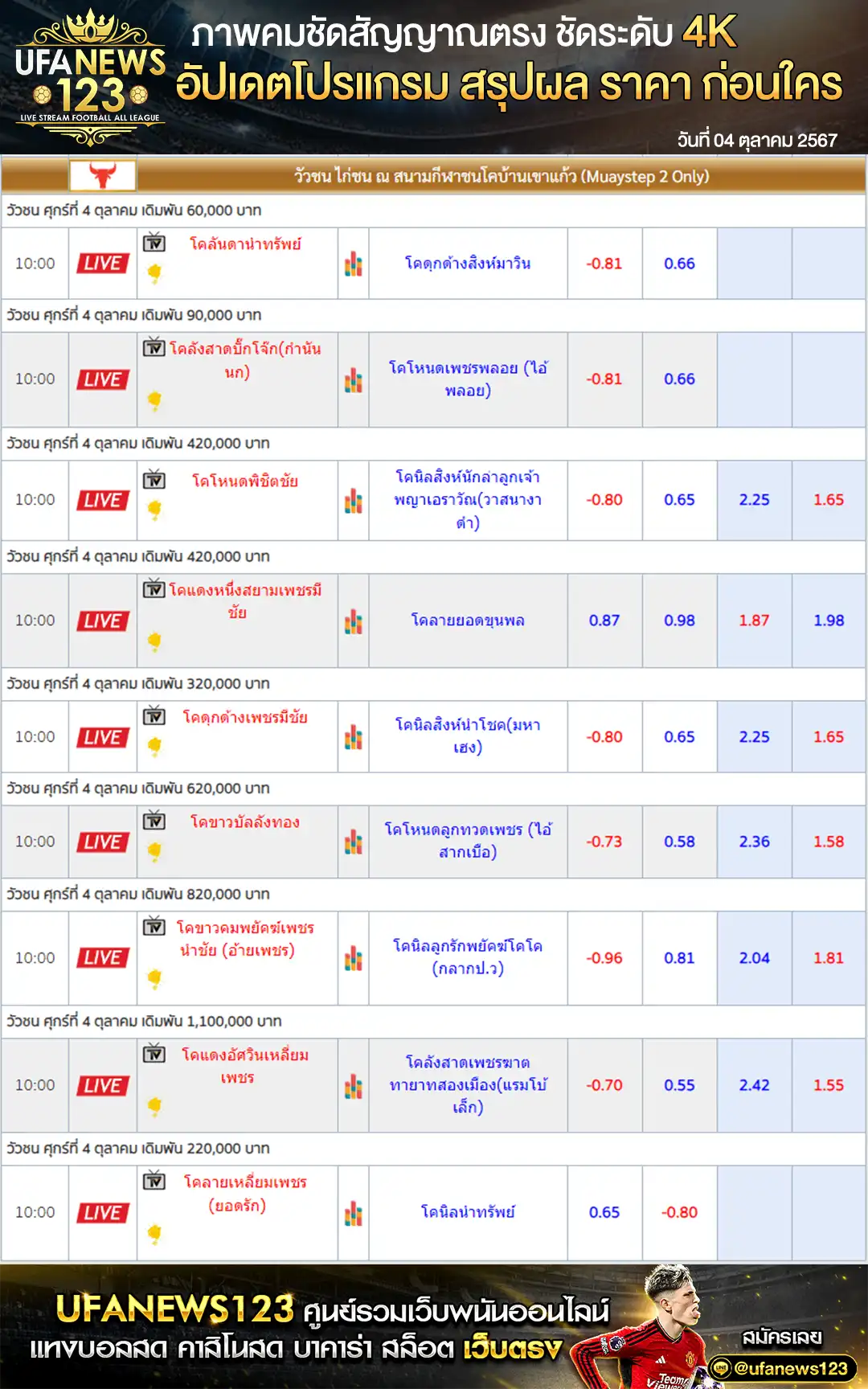 ราคาวัวชน สนามชนโคบ้านเขาแก้ว เริ่มชนเวลา 10:30 น. 04 ตุลาคม 2567