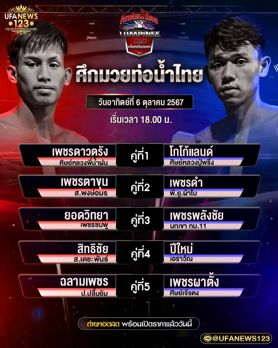 โปรแกรมมวย ศึกมวยท่อน้ำไทย เริ่มเวลา 18.00 น. 06 ตุลาคม 2567