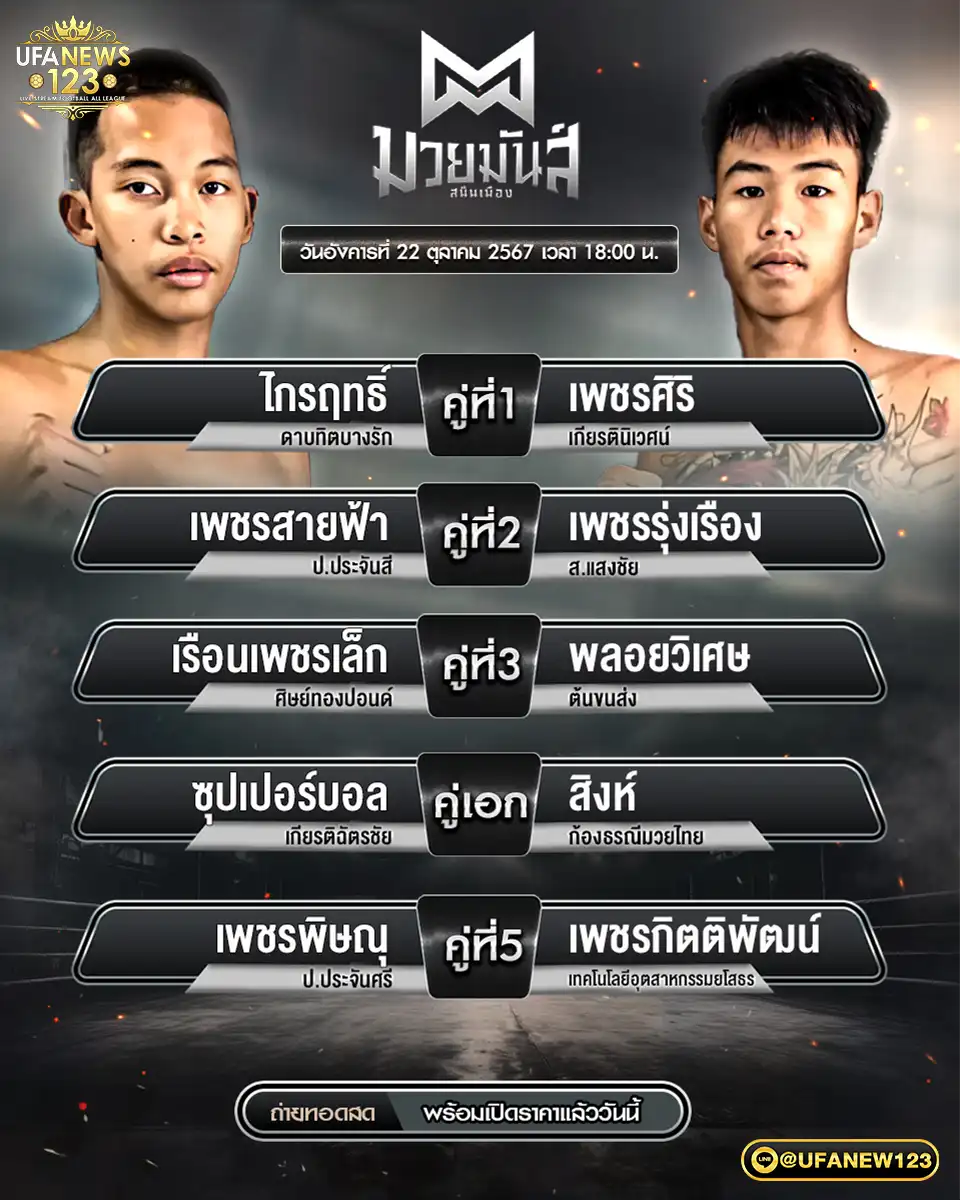 โปรแกรมมวย ศึกมวยมันส์สนั่นเมือง เริ่มเวลา 18.00 น. 22 ตุลาคม 2567