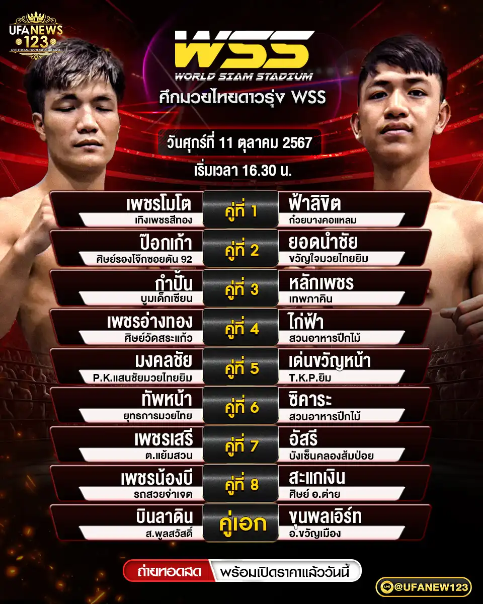 โปรแกรมมวย ศึกมวยไทยดาวรุ่ง WSS เริ่มเวลา 16:30 น. 11 ตุลาคม 2567