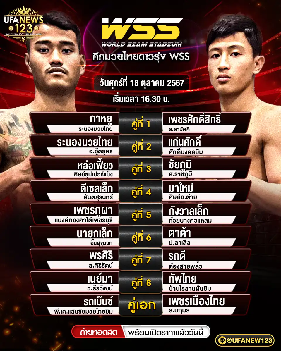 โปรแกรมมวย ศึกมวยไทยดาวรุ่ง WSS เริ่มเวลา 16:30 น. 18 ตุลาคม 2567