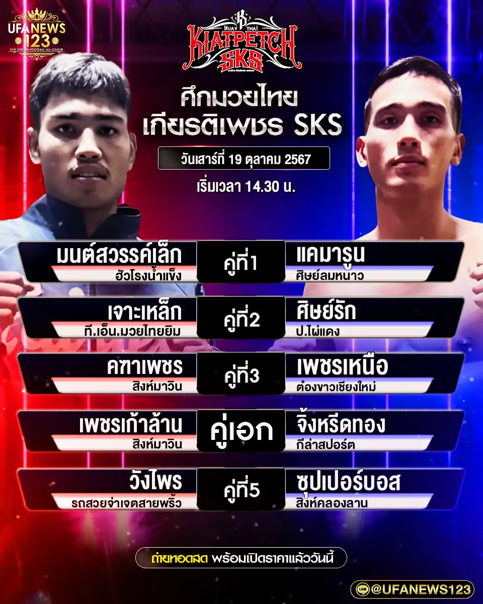 โปรแกรมมวย ศึกมวยไทยเกียรติเพชร SKS เริ่มเวลา 14.30 น. 19 ตุลาคม 2567