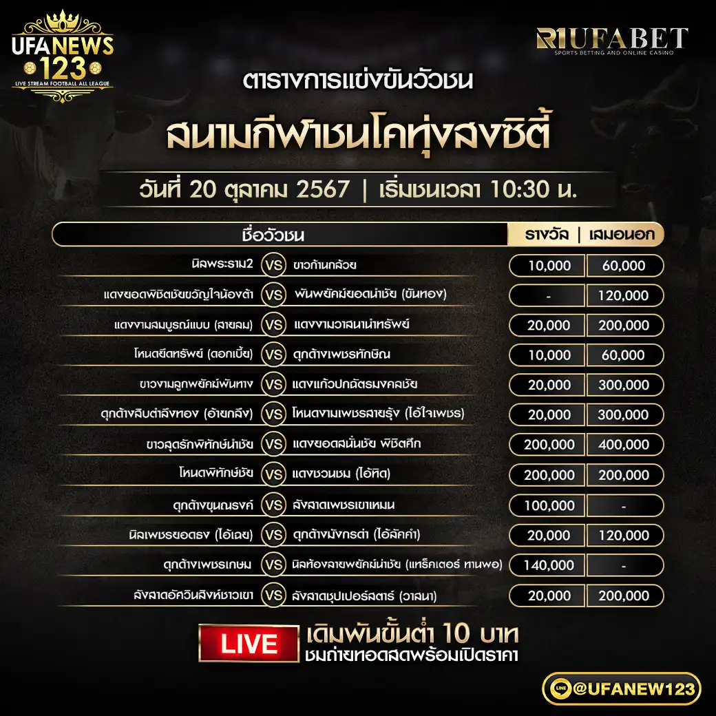 โปรแกรมวัวชน สนามชนโคทุ่งสงซิตี้ เริ่มชนเวลา 10:30 น. 20 ตุลาคม 2567