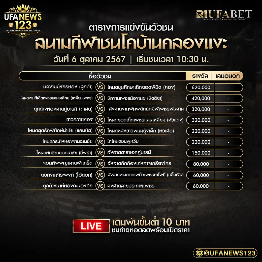 โปรแกรมวัวชน สนามชนโคบ้านคลองแงะ เริ่มชนเวลา 10.30 น. 06 ตุลาคม 2567