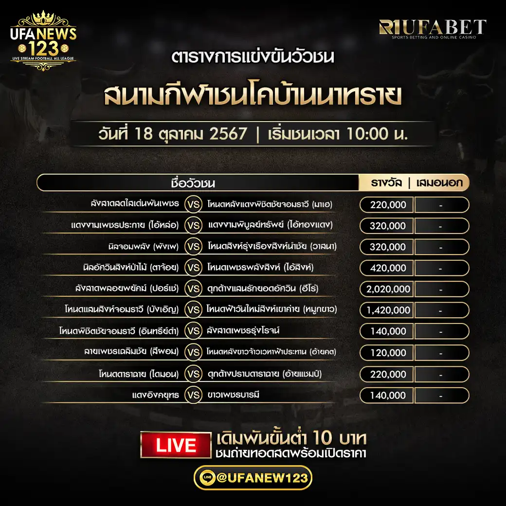 โปรแกรมวัวชน สนามกีฬาชนโคบ้านนาทราย เริ่มชนเวลา 10:00 น. 18 ตุลาคม 2567