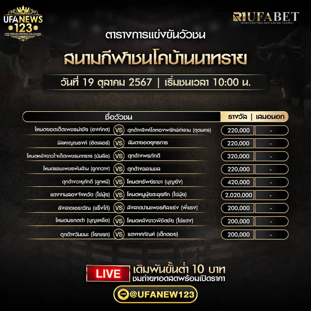 โปรแกรมวัวชน สนามกีฬาชนโคบ้านนาทราย เริ่มชนเวลา 10:00 น. 19 ตุลาคม 2567