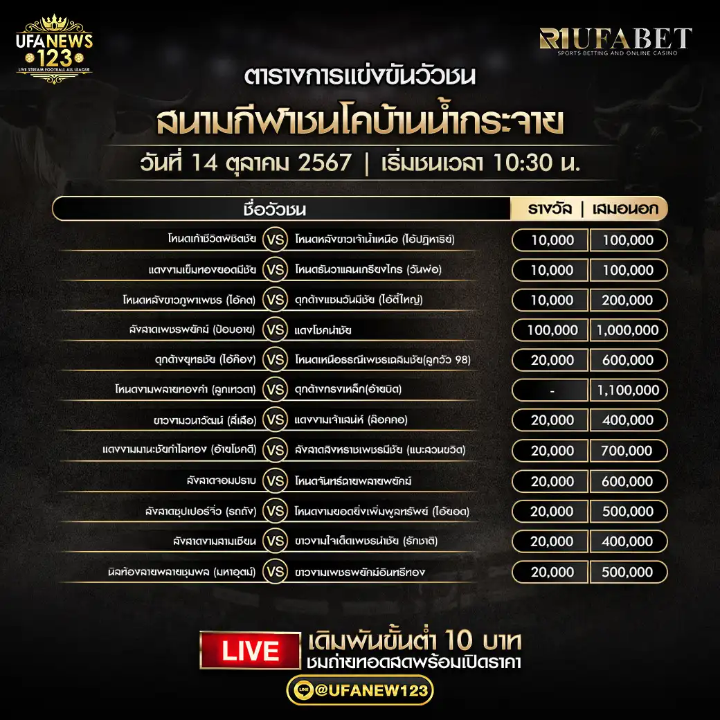 โปรแกรมวัวชน สนามกีฬาชนโคบ้านน้ำกระจาย เริ่มชนเวลา 10:30 น. 14 ตุลาคม 2567