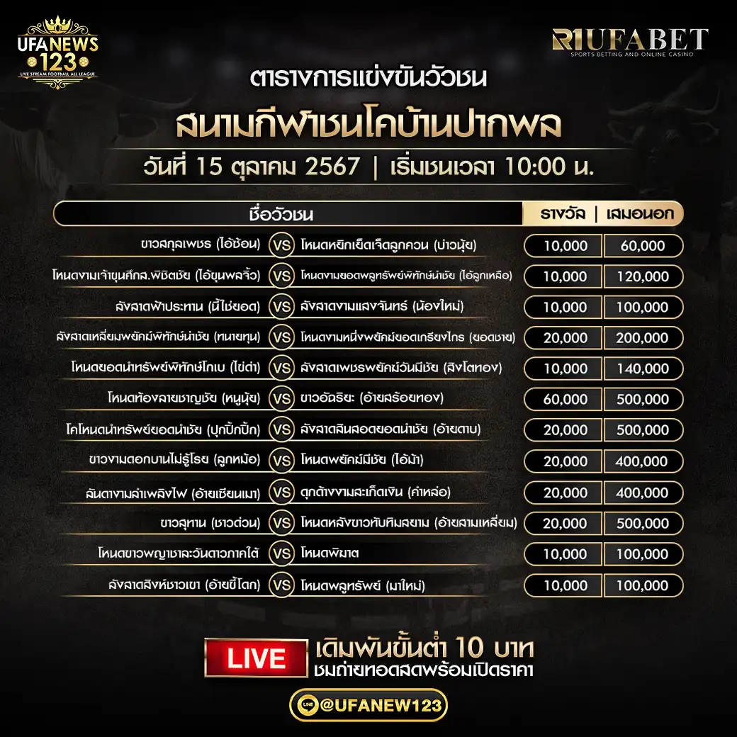 โปรแกรมวัวชน สนามกีฬาชนโคบ้านปากพล เริ่มชนเวลา 10:00 น. 15 ตุลาคม 2567