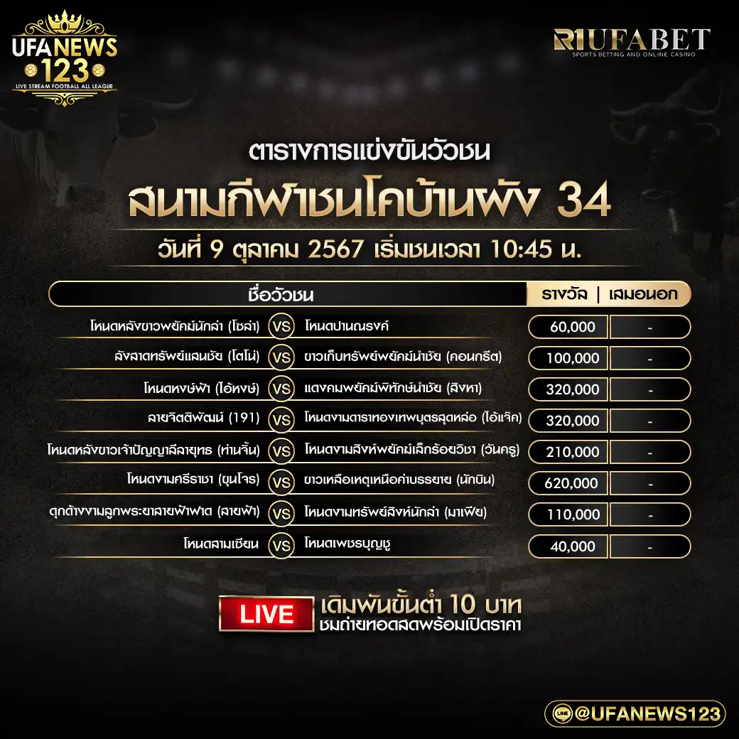 โปรแกรมวัวชน สนามชนโคบ้านผัง 34 เริ่มชนเวลา 10.45 น. 09 ตุลาคม 2567