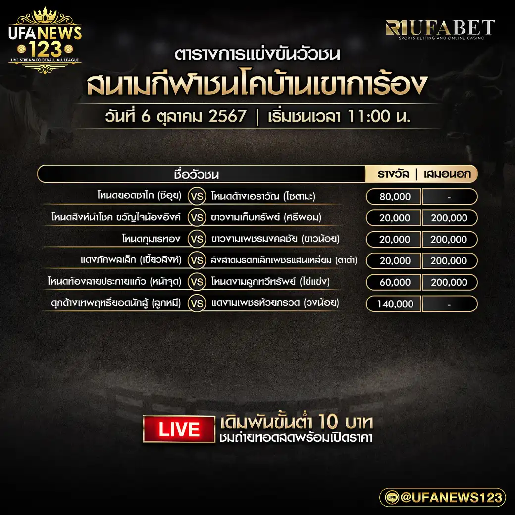 โปรแกรมวัวชน สนามชนโคบ้านเขาการ้อง เริ่มชนเวลา 11.00 น. 06 ตุลาคม 2567