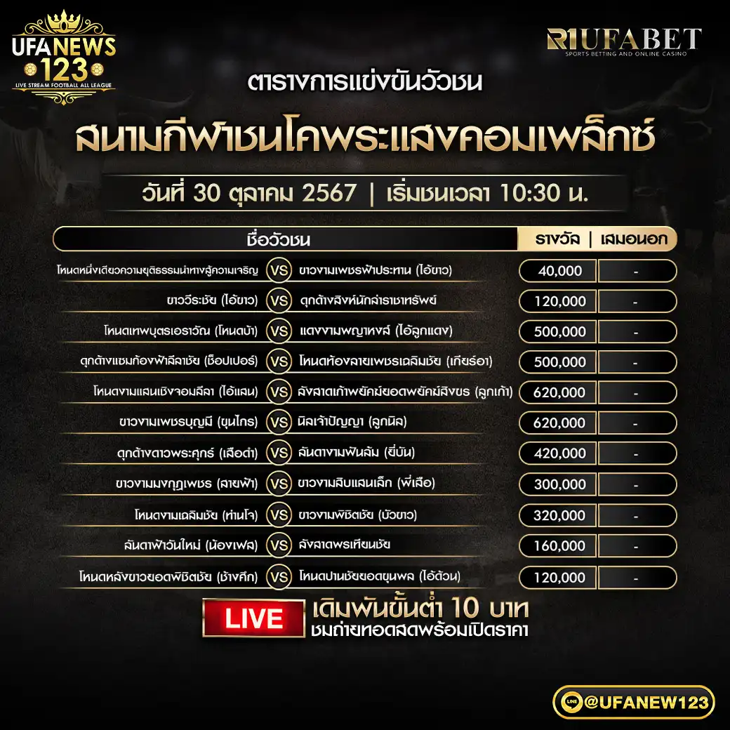 โปรแกรมวัวชน สนามชนโคพระแสงคอมเพล็กซ์ เริ่มชนเวลา 10.30 น. 30 ตุลาคม 2567