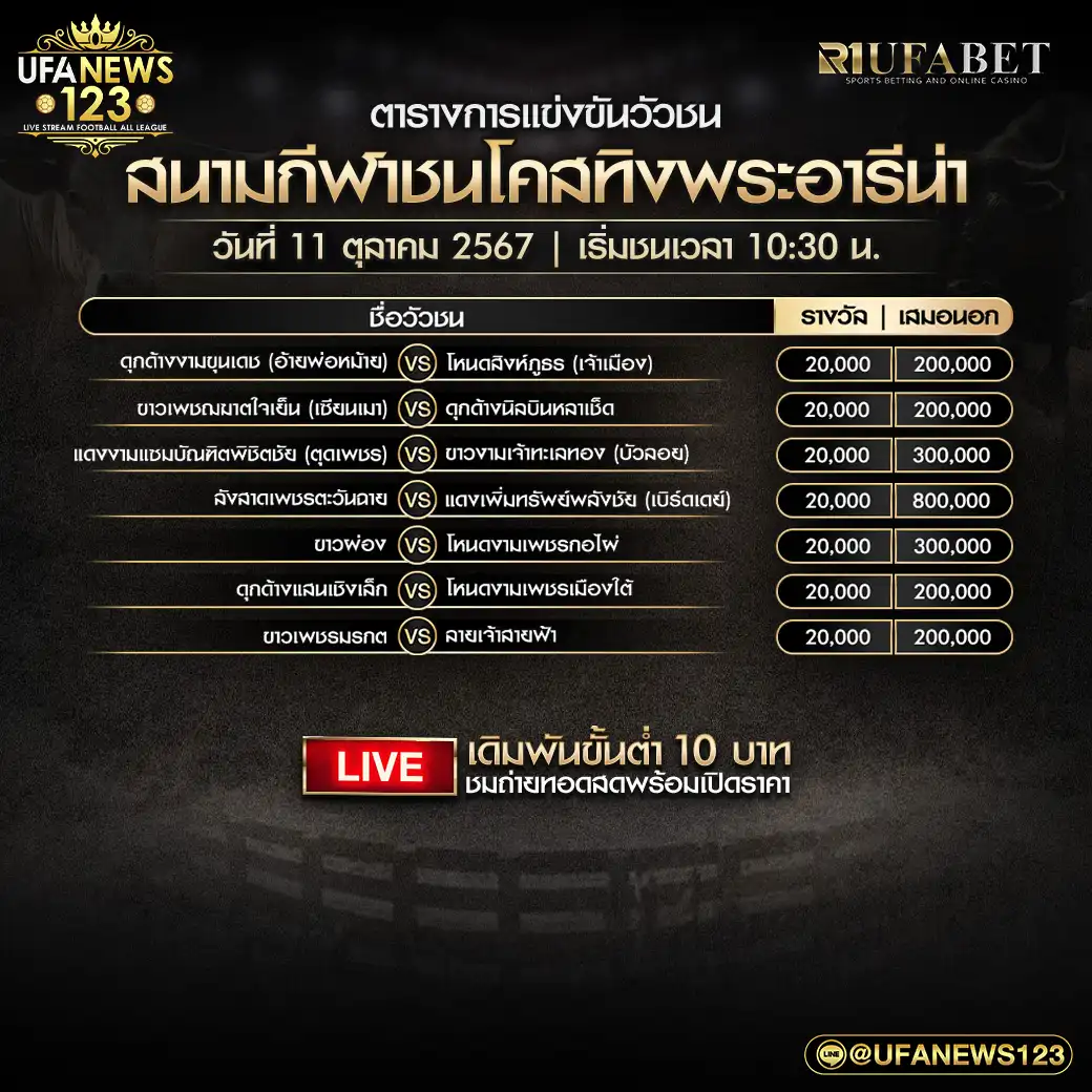 โปรแกรมวัวชน สนามชนโคสทิงพระอารีน่า เริ่มชนเวลา 10.30 น. 11 ตุลาคม 2567