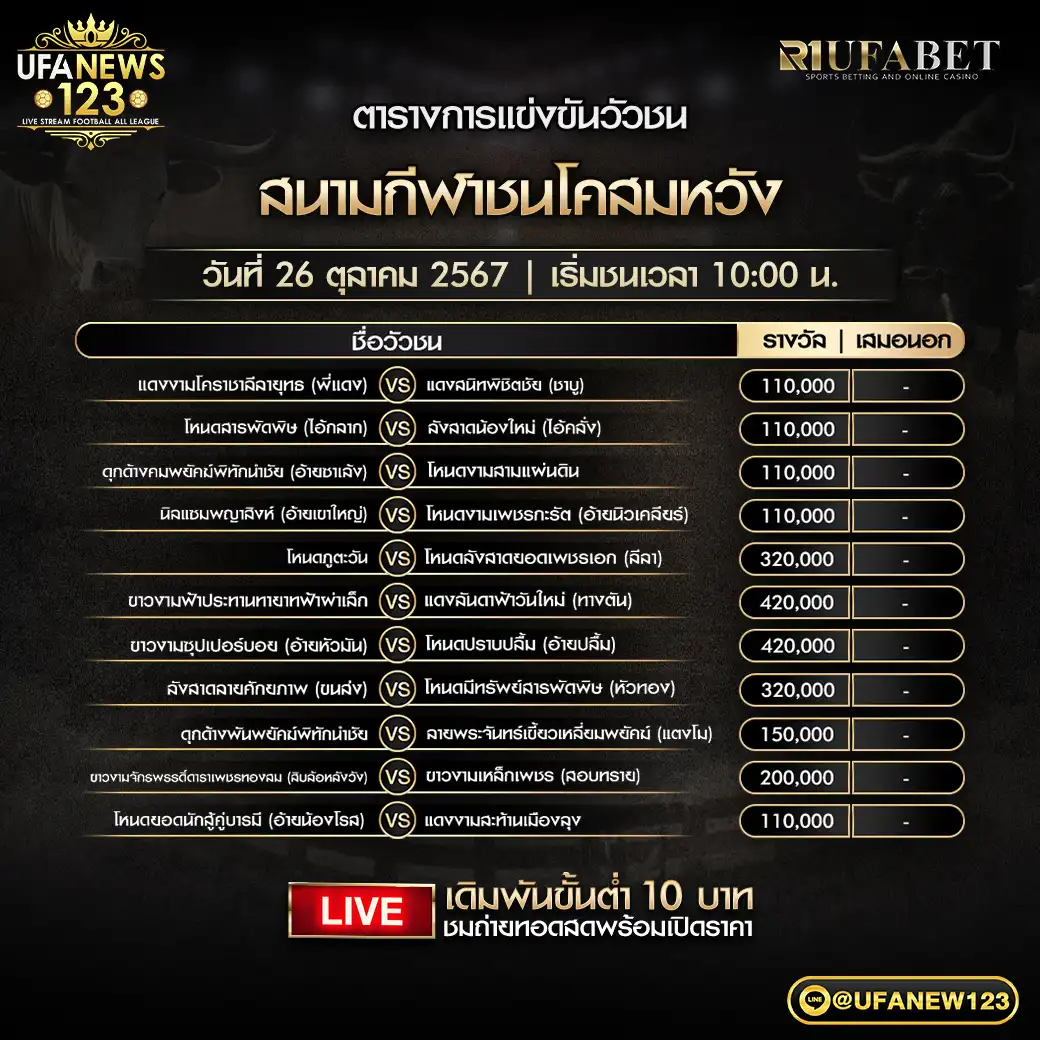 โปรแกรมวัวชน สนามชนโคสมหวัง เริ่มชนเวลา 10.00 น. 26 ตุลาคม 2567