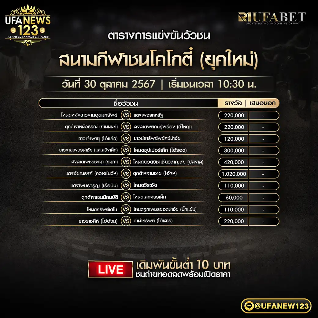 โปรแกรมวัวชน สนามชนโคโกตี๋ (ยุคใหม่) เริ่มชนเวลา 10:30 น. 30 ตุลาคม 2567