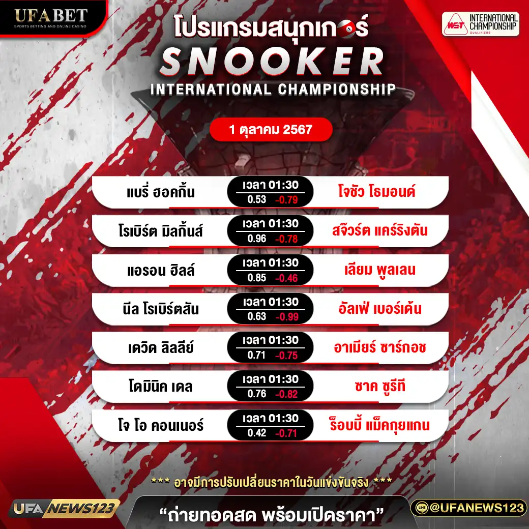 โปรแกรมสนุกเกอร์ SNOOKER INTERNATIONAL CHAMPIONSHIP เวลา 01.30 น. 01 ตุลาคม 2567