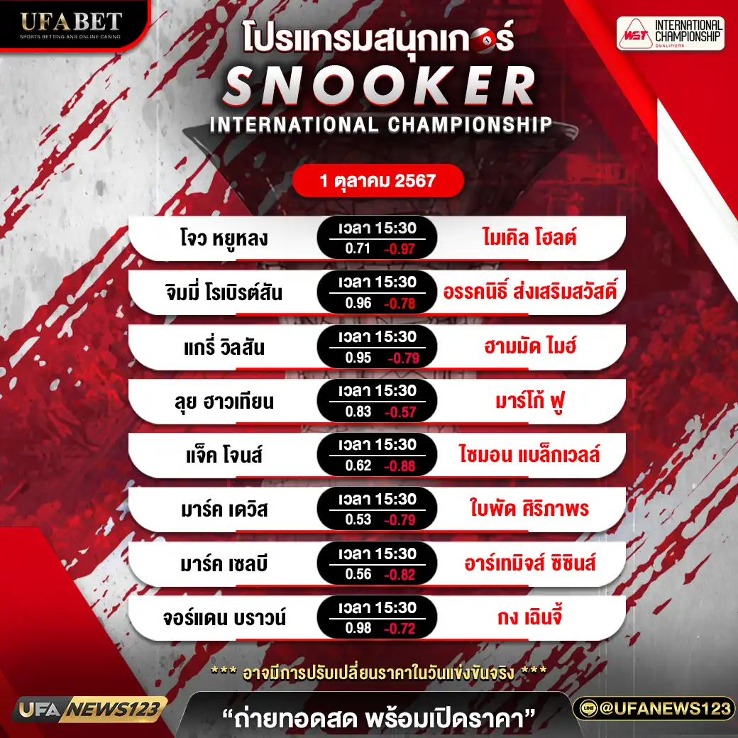 โปรแกรมสนุกเกอร์ SNOOKER INTERNATIONAL CHAMPIONSHIP เวลา 15.30 น. 01 ตุลาคม 2567