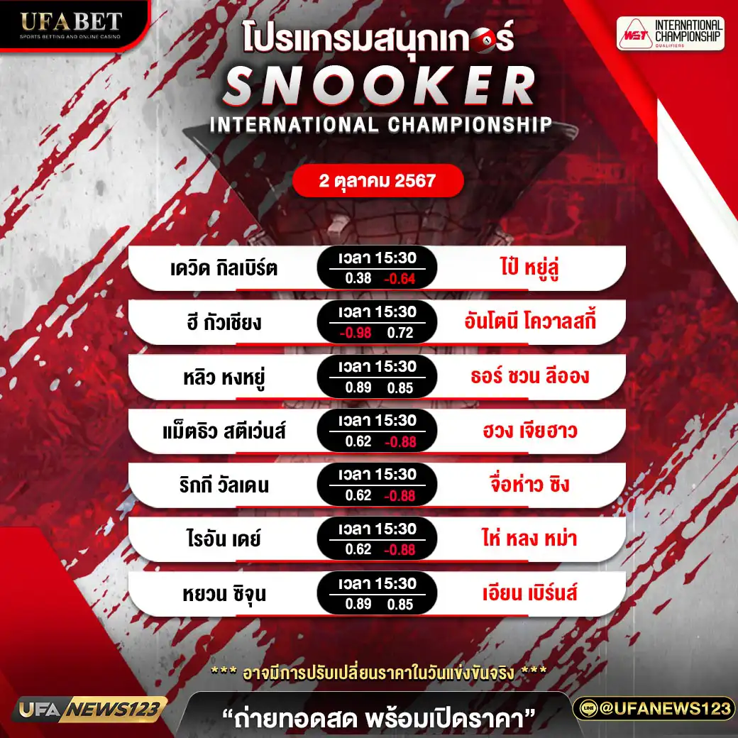 โปรแกรมสนุกเกอร์ SNOOKER INTERNATIONAL CHAMPIONSHIP เวลา 15.30 น. 02 ตุลาคม 2567