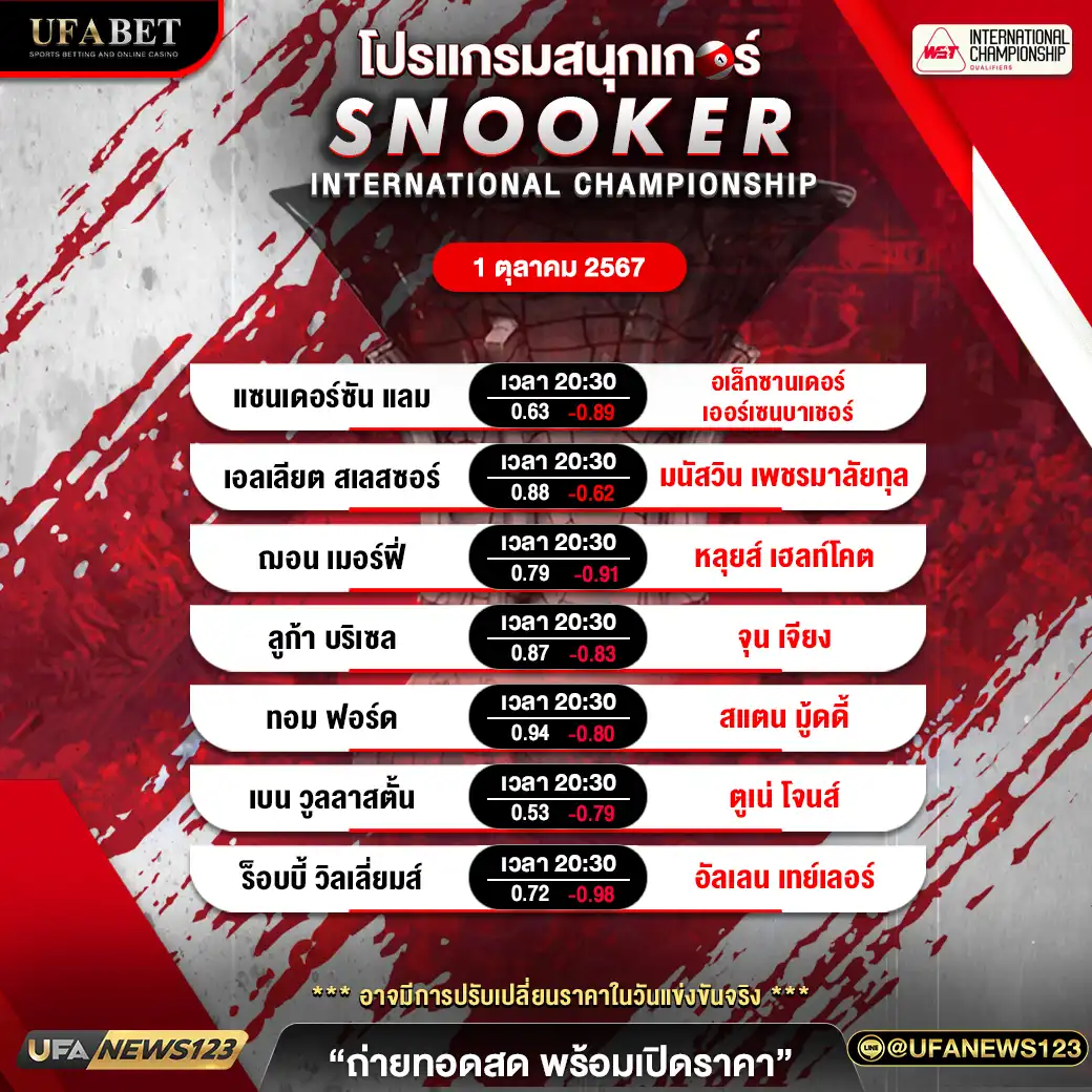 โปรแกรมสนุกเกอร์ SNOOKER INTERNATIONAL CHAMPIONSHIP เวลา 20.30 น. 01 ตุลาคม 2567