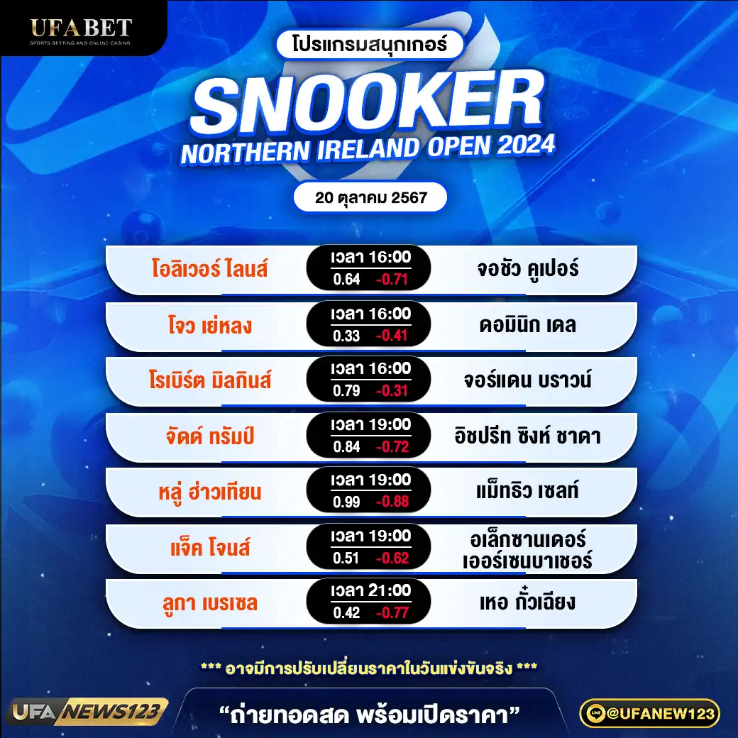 โปรแกรมสนุกเกอร์ NORTHERN IRELAND OPEN 2024 เริ่มเวลา 16:00 น. 20 ตุลาคม 2567