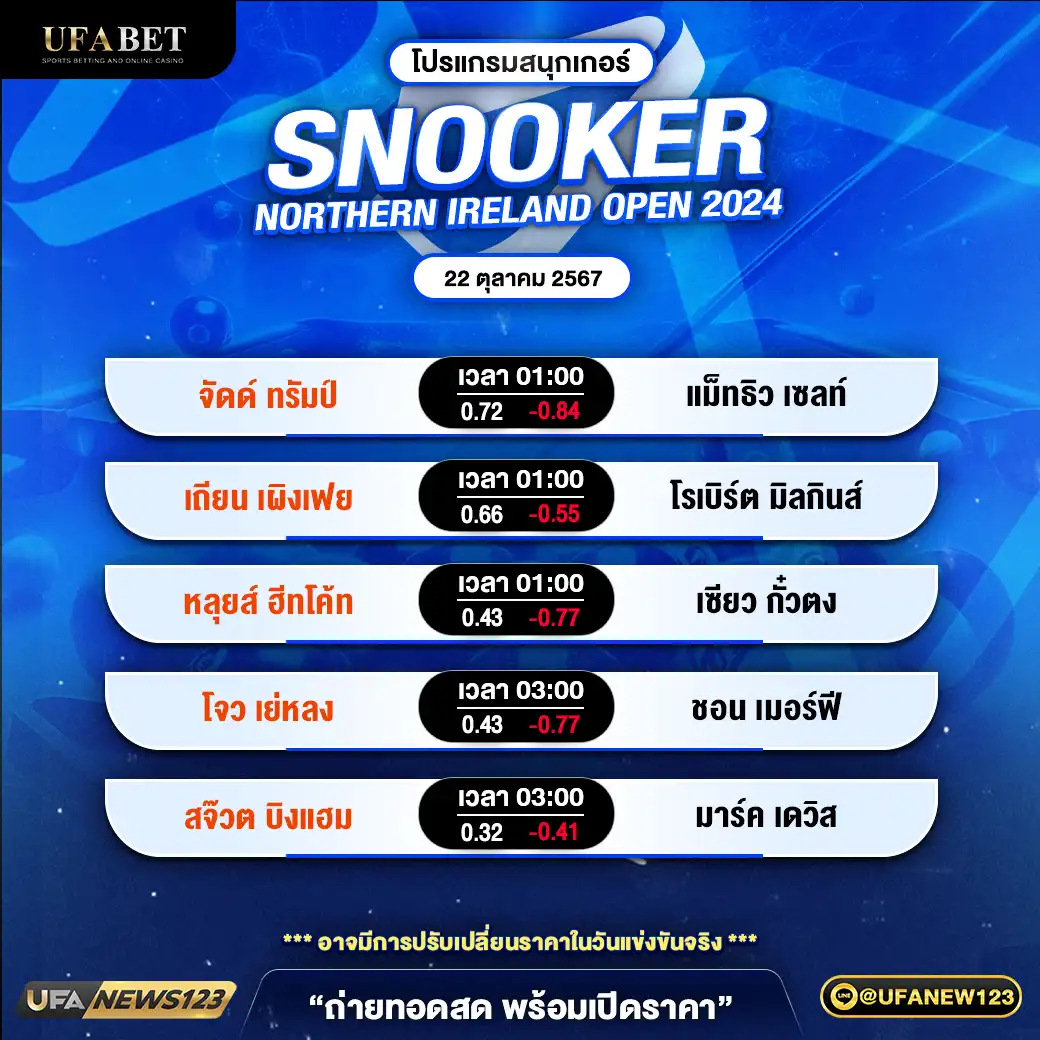 โปรแกรมสนุกเกอร์ SNOOKER NORTHERN IRELAND OPEN 2024 เวลา 01.00 น. 22 ตุลาคม 2567