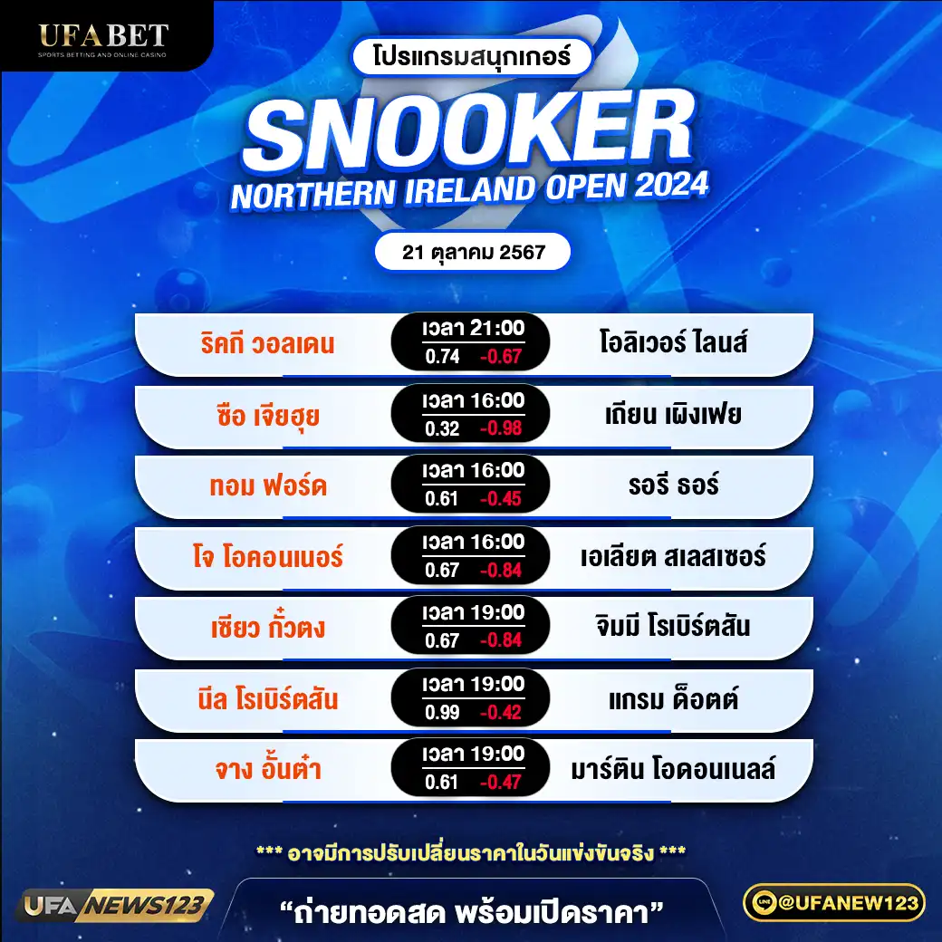 โปรแกรมสนุกเกอร์ SNOOKER NORTHERN IRELAND OPEN 2024 เวลา 16.00 น. 21 ตุลาคม 2567