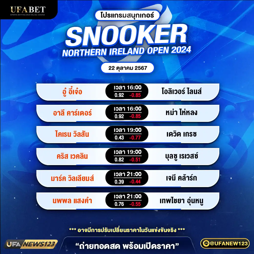 โปรแกรมสนุกเกอร์ SNOOKER NORTHERN IRELAND OPEN 2024 เวลา 16.00 น. 22 ตุลาคม 2567