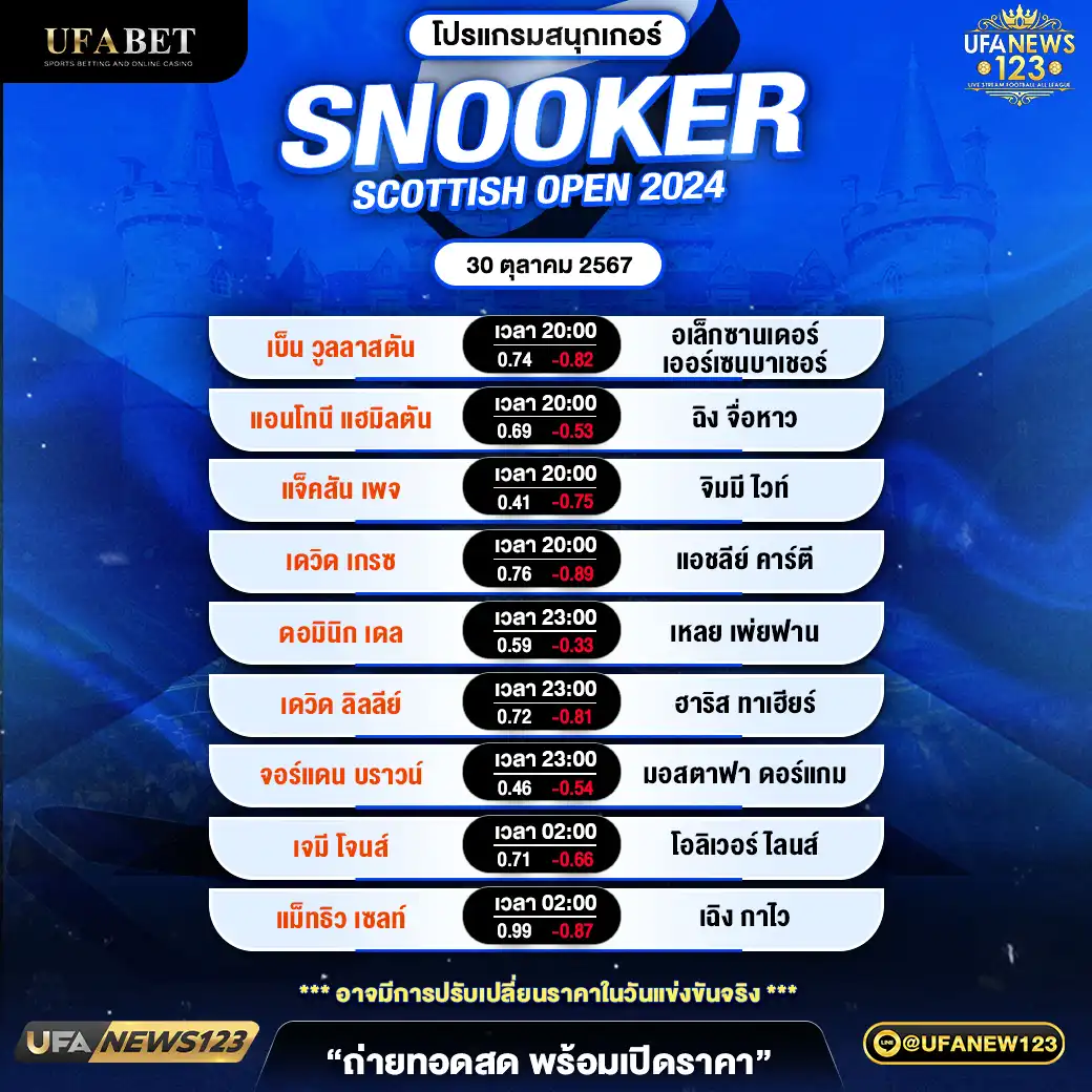 โปรแกรมสนุกเกอร์ SNOOKER SCOTTISH OPEN 2024 ช่วงที่ 2 เริ่มเวลา 20:00 น. 30 ตุลาคม 2567