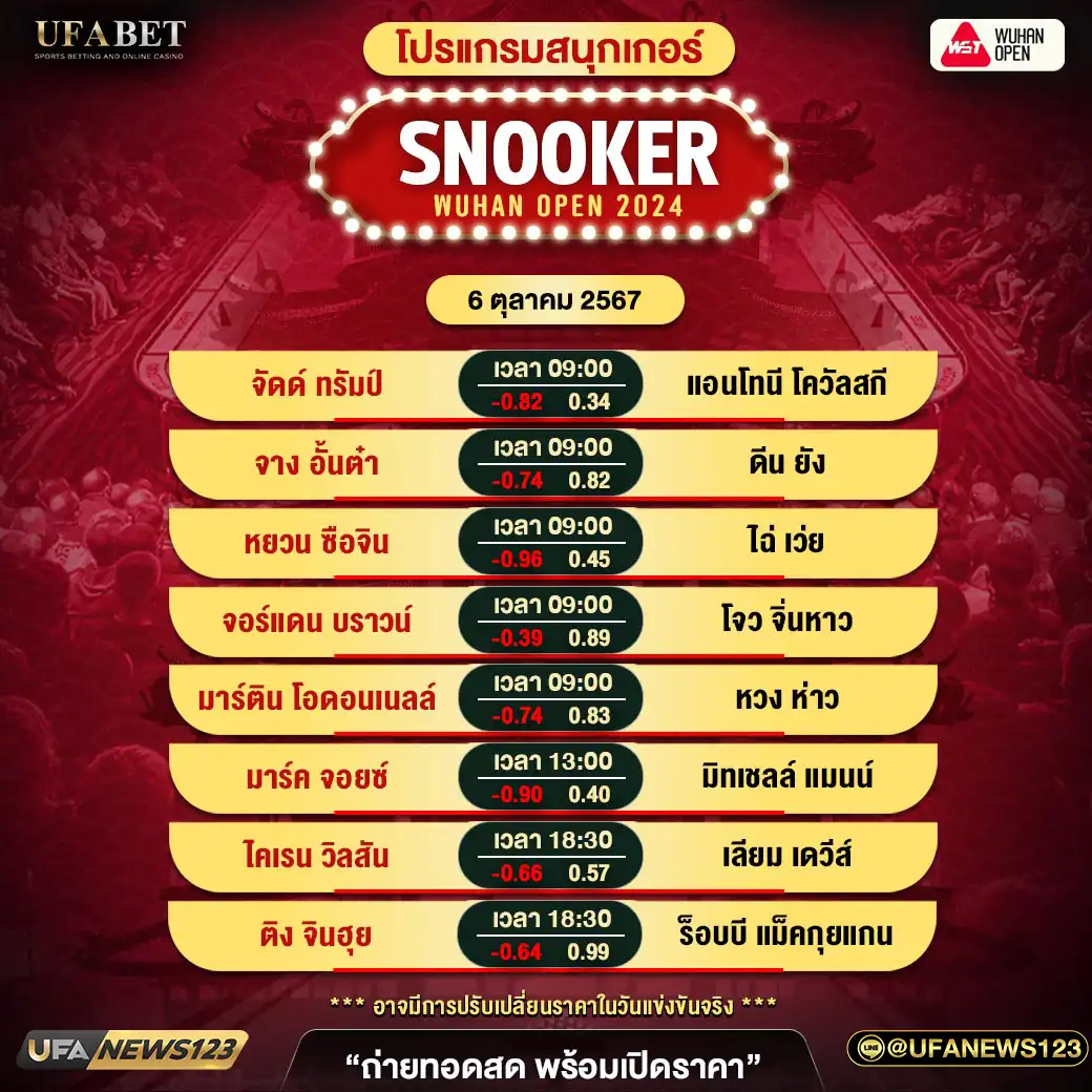 โปรแกรมสนุกเกอร์ SNOOKER WUHAN OPEN 2024 เวลา 09.00 น. 06 ตุลาคม 2567