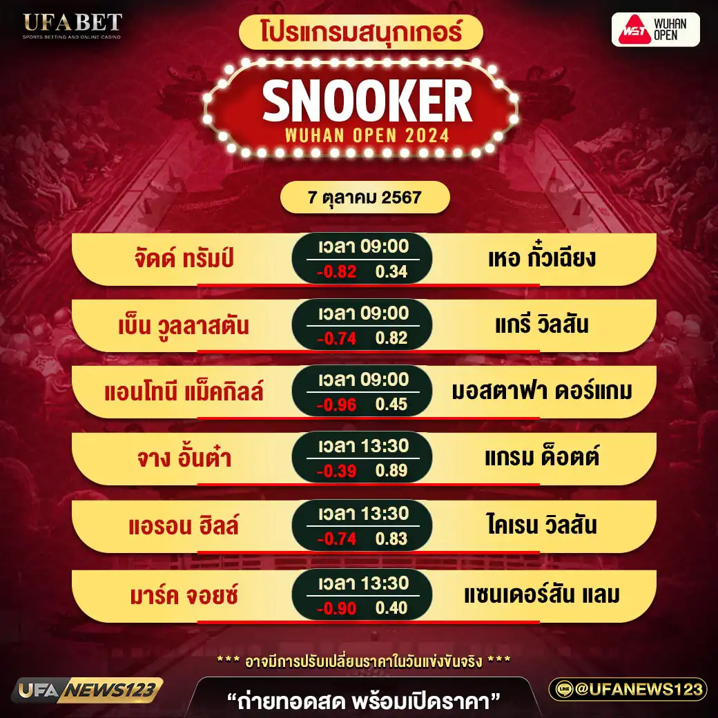 โปรแกรมสนุกเกอร์ SNOOKER WUHAN OPEN 2024 เวลา 09.00 น. 07 ตุลาคม 2567