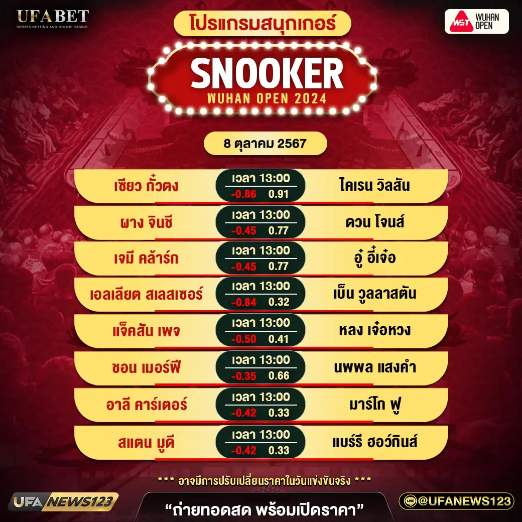 โปรแกรมสนุกเกอร์ SNOOKER WUHAN OPEN 2024 เวลา 13.00 น. 08 ตุลาคม 2567